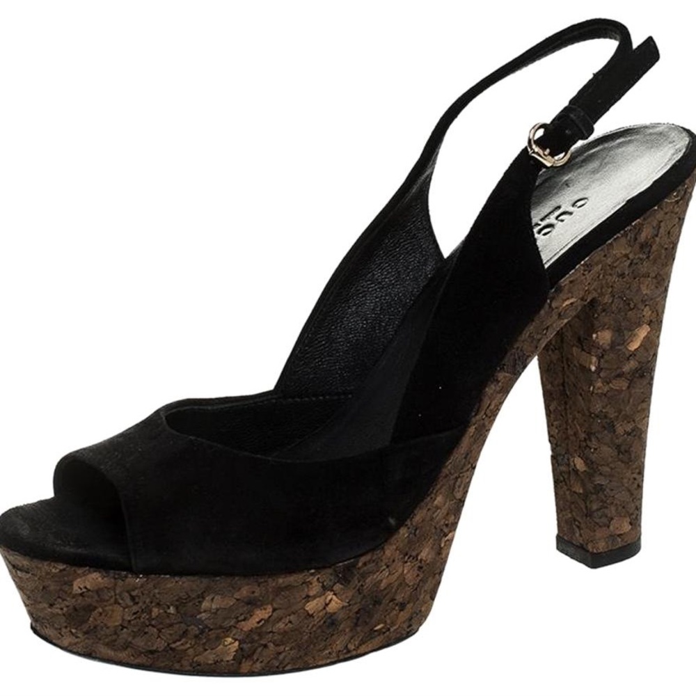 Gucci Black Suede Cork Platform Heels